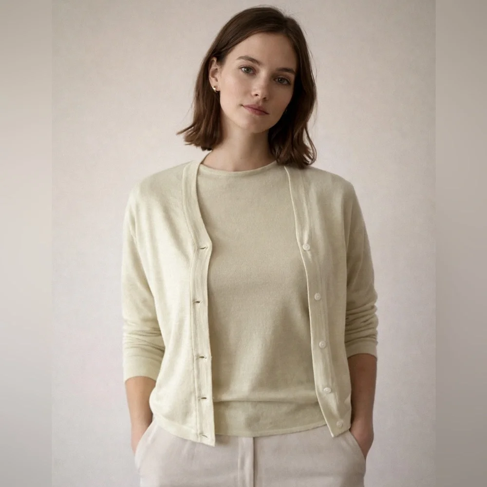 TSE Elegant light Green Button-Up Cardigan and shell twin set